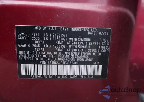 2015 Subaru Outback 2.5I Limited from USA, damaged, VIN 4S4BSAJC9F3362400